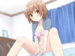  1girl artist_name bedroom blue_shirt blurry blurry_background blush bow bow_panties bra breasts brown_eyes brown_hair closed_mouth collared_shirt depth_of_field hair_ornament hairclip highres indoors lace-trimmed_bra lace_trim leaning_forward looking_at_viewer medium_breasts no_pants open_clothes open_shirt original panties pink_bra pink_panties shiraha_maru shirone_(shiraha_maru) shirt short_hair sitting smile solo underwear v_arms 