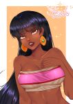  1girl absurdres back bad_tag black_hair black_skin breasts chel_(the_road_to_el_dorado) cleavage colored_skin curvy dark dark-skinned_female dark_skin earrings exotic gold hetero highres huge_breasts jewelry large_breasts looking_at_viewer navel sitting smile solo stariylu topless 