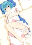  ass bare_legs barefoot bed blue_dress blue_eyes blue_hair blush bow butt_crack cirno commentary_request dress frown hair_bow knee_up looking_at_viewer lying nuko_(mikupantu) on_back on_bed on_side panties panty_pull pantyshot pantyshot_(lying) pillow pillow_hug polka_dot_pillow puffy_short_sleeves puffy_sleeves revision short_hair short_sleeves solo touhou underwear white_panties 
