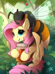  1girl blue_eyes fluttershy grass heart highres honey insect_wings long_hair looking_at_another my_little_pony my_little_pony:_friendship_is_magic no_humans outdoors oversized_insect pegasus pink_hair teeth tree wasp wings yakovlev-vad yellow_fur 