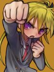  1girl ahoge angry arm_up black_ribbon blazer blonde_hair blush clenched_hands collared_shirt commentary_request foreshortening frown glaring grey_jacket hair_ribbon highres incoming_attack incoming_punch jacket kill_me_baby looking_at_viewer necktie open_mouth punching purple_eyes red_necktie ribbon sanpaku school_uniform shirt simple_background solo sonya_(kill_me_baby) twintails uee_m upper_body v-shaped_eyebrows white_shirt yellow_background 