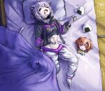  2girls animal_ears blanket cat_ears doll food fumo_(doll) futon highres hololive hood hoodie inugami_korone inugami_korone_(1st_costume) liamickpie multiple_girls navel nekomata_okayu onigiri pants pillow sleeping stuffed_toy yawning 