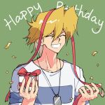 1boy blonde_hair closed_eyes confetti gift green_background grin hands_up happy happy_birthday highres holding holding_gift holding_ribbon jewelry jounouchi_katsuya male_focus necklace ribbon shirt short_hair smile solo streamers t-shirt tt_(joesther3) upper_body white_shirt yu-gi-oh! yu-gi-oh!_duel_monsters 