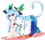  :&lt; all_fours animal_ears barefoot blue_hair blush cat_ears cat_tail closed_mouth focused hat highres hinanawi_tenshi kemonomimi_mode king_(ougon_kingyo-bachi) long_hair paw_pose red_eyes sash solo sweatdrop tail touhou v-shaped_eyebrows 