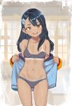  1girl asymmetrical_bangs bikini bikini_tan black_hair blush breasts brown_eyes brown_hair cowboy_shot dark-skinned_female dark_skin ear_piercing grey_bikini hair_behind_ear hair_ornament hairclip highres ijiranaide_nagatoro-san jacket long_hair looking_at_viewer nagatoro_hayase navel open_clothes open_jacket open_mouth piercing sliding_doors small_breasts smile solo stomach strap_slip swimsuit tan tanlines undressing yugen99 