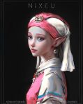  1girl artist_name blonde_hair blue_eyes earrings fine_art_parody girl_with_a_pearl_earring headdress highres jewelry nixeu parody parted_lips pearl_earrings pink_robe pointy_ears princess_zelda robe solo the_legend_of_zelda the_legend_of_zelda:_ocarina_of_time triforce web_address 