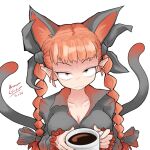  1girl absurdres animal_ears breasts cat_ears cat_girl cat_tail cleavage closed_mouth coffee coffee_cup commentary cup dated disposable_cup english_commentary extra_ears highres kaenbyou_rin long_hair long_sleeves master-cylinder multiple_tails nekomata pointy_ears red_eyes red_hair red_nails signature solo tail touhou two_tails upper_body variant_set 