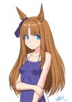  1girl animal_ears artist_logo blue_eyes blue_one-piece_swimsuit breasts brown_hair covered_navel grass_wonder_(umamusume) highres horse_ears horse_girl long_hair looking_at_viewer one-piece_swimsuit simple_background small_breasts solo swimsuit t2r tracen_swimsuit umamusume upper_body white_background 