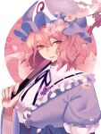  1girl blue_kimono blue_sleeves cherry_blossoms chitose800 collar frilled_collar frills hand_fan hat highres holding holding_fan japanese_clothes kimono looking_at_viewer mob_cap open_mouth pink_hair puffy_sleeves red_eyes saigyouji_yuyuko short_hair smile solo touhou triangular_headpiece wide_sleeves 