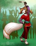  1girl animal_ears animal_nose body_fur brown_hair collar forest furry furry_female gem grass green_eyes green_gemstone highres holding holding_weapon jewelry knife nature original outdoors pants people red_collar red_pants solo tail weapon white_fur wolf_ears wolf_girl 