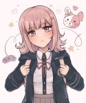  1girl artist_name black_shirt blush breasts brown_hair controller danganronpa_(series) danganronpa_2:_goodbye_despair dress_shirt game_controller highres jacket large_breasts long_sleeves medium_hair miniskirt monomi_(danganronpa) nanami_chiaki neck_ribbon open_clothes open_jacket pink_eyes pink_ribbon pleated_skirt pout purrlucii ribbon shirt shirt_tucked_in skirt solo white_shirt 