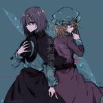  back-to-back black_hair blonde_hair blue_eyes dress gap hat hat_on_chest hat_removed headwear_removed maribel_hearn mob_cap multiple_girls pinky_out red_string short_hair string tadano_kagekichi touhou translated usami_renko yellow_eyes 