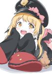  1girl absurdres black_coat black_ribbon black_wings blonde_hair blue_archive bow coat crime_prevention_buzzer demon_wings hat hat_bow highres ibuki_(blue_archive) long_hair looking_at_viewer low_wings lying no_tail on_stomach open_clothes open_coat open_mouth peaked_cap pink_socks red_ribbon ribbon sleeves_past_fingers sleeves_past_wrists smile socks solo tamura-chan teeth the_pose upper_teeth_only white_background wings yellow_eyes 
