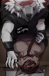 anthro arms_tied bdsm blindfold bound canid canine canis clothing clothing_pull death_(puss_in_boots) dialogue dominant dominant_male dreamworks duo excaliburwolf facial_markings fur furniture hands_behind_back head_markings hi_res high-angle_view lying male male/male mammal markings mask_(marking) mr._wolf_(the_bad_guys) necktie necktie_pull on_back on_top open_mouth praise puss_in_boots_(dreamworks) red_eyes restrained restrained_arms restraints sex smile speech_bubble submissive submissive_male table the_bad_guys tongue tongue_out white_body white_fur wolf