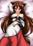  animal_ears bed blush breasts brooch brown_hair cleavage collarbone covered_navel dress fang fingernails imaizumi_kagerou jewelry large_breasts long_sleeves looking_at_viewer lying nail_polish open_mouth red_eyes red_nails solo tail touhou wolf_ears wolf_tail yutanpo-2 