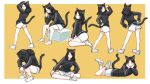  1girl :o animal_ears arm_up black_hair black_hoodie cat_ears cat_girl cat_tail closed_mouth commentary_request facing_away facing_down feet_up hand_on_own_head hand_on_own_hip hand_up hands_on_own_cheeks hands_on_own_face hands_on_own_hips head_rest hood hood_down hoodie indian_style invisible_chair leaning_to_the_side looking_at_viewer looking_back lying medium_hair multiple_views on_stomach original outside_border own_hands_together photo-referenced shoe_soles shoes shorts sideways_glance simple_background sitting smile soujirou swept_bangs tail white_footwear white_shorts yellow_background yellow_eyes yokozuwari 
