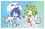  2girls 7takada :3 ;) ahoge animal_ear_headphones animal_ears belt blue_bow blue_eyes blue_gloves blue_hair blue_socks blush border bow braid cat_ear_headphones cat_ears chibi cleavage_cutout closed_mouth clothing_cutout crop_top eel_hat fake_animal_ears fang gloves gradient_background green_eyes green_hair hat headphones jacket jumping kneehighs layered_clothes long_hair long_sleeves low-braided_long_hair multiple_girls navel one_eye_closed open_clothes open_jacket open_mouth orange_gloves orange_shorts otomachi_una outstretched_arms see-through shorts sidelocks smile socks spread_arms suspenders_hanging twin_braids twintails vocaloid white_footwear white_headwear white_jacket 