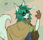  1girl absurdres adventure_time animal_ear_fluff animal_ears arrow_(symbol) black_mask brown_cloak brown_gloves claw_pose cloak colored_skin corset english_text eye_mask finn_the_human gloves green_eyes green_hair green_skin green_tail green_tunic highres huntress_wizard kemonomimi_mode light_blush looking_at_viewer medium_hair open_mouth partially_fingerless_gloves plant_hair shin_(ultramarine430) simple_background slit_pupils solo_focus speech_bubble upper_body 
