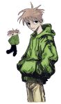  1boy black_eyes brown_hair brown_pants closed_mouth commentary_request cropped_legs denpa_shougai doodle_inset edd_(eddsworld) eddsworld green_hoodie hands_in_pockets highres hood hood_down hoodie jitome long_sleeves looking_at_viewer male_focus multiple_views pants short_hair simple_background smile white_background 