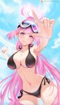  1girl :q alca97 bikini black_bikini blue_archive blush breasts cleavage collarbone contrapposto copyright_name day eimi_(blue_archive) eimi_(swimsuit)_(blue_archive) goggles goggles_on_head halo halterneck highres holding_snowball jacket large_breasts long_hair looking_at_viewer navel official_alternate_costume outdoors padded_jacket patreon_logo patreon_username pink_eyes pink_hair pink_halo ponyta side-tie_bikini_bottom sideboob ski_goggles skindentation snow snow_on_body snowball solo swimsuit tongue tongue_out very_long_hair watermark 