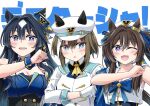  3girls animal_ears armpits beret blue_eyes blue_hair blush breasts brown_hair cheval_grand_(umamusume) cleavage collarbone dark_blue_hair earrings hair_between_eyes hair_ornament hat horse_ears horse_girl jewelry looking_at_viewer medium_breasts mole mole_under_eye multiple_girls one_eye_closed open_mouth portrait purple_eyes siblings single_earring sisters sweat twintails umamusume v_sisters verxina_(umamusume) vivlos_(umamusume) yukiharu 