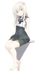  arms_behind_back bangs bare_legs barefoot bike_shorts blonde_hair cosplay covered_navel flower foot_dangle grey_eyes hair_between_eyes hair_flower hair_ornament invisible_chair kantai_collection long_hair one-piece_swimsuit pale_skin revision ro-500_(kantai_collection) ro-500_(kantai_collection)_(cosplay) sailor_collar sailor_shirt school_swimsuit shadow shirt sidelocks simple_background sitting sleeveless sleeveless_shirt smile solo souji swimsuit thigh_strap u-511_(kantai_collection) white_background 