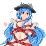  :3 blue_hair blush breasts food food_on_head fruit fruit_on_head gift_wrapping hat heart heavy_breathing highres hinanawi_tenshi king_(ougon_kingyo-bachi) looking_at_viewer naked_ribbon navel object_on_head peach red_eyes ribbon sketch small_breasts smug steam sweat tears touhou wrapped_up 