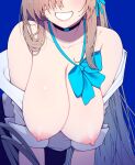  1girl akino_sora asuna_(blue_archive) black_choker blue_archive blue_background blue_bow blue_bowtie bow bowtie breasts brown_hair choker cleavage clothes_pull grin head_out_of_frame highres large_breasts long_hair nipples shirt shirt_pull simple_background smile solo white_shirt 
