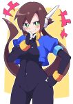  1girl absurdres aile_(mega_man_zx) black_bodysuit blush bodysuit bottomless breasts brown_hair buzzlyears cropped_jacket green_eyes hand_on_own_chin highres jacket large_breasts long_hair looking_at_viewer mega_man_(series) mega_man_zx mega_man_zx_advent open_clothes open_jacket open_mouth ponytail robot_ears simple_background solo 
