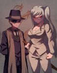  1boy 1girl alternate_costume alternate_hairstyle black_jacket black_necktie breasts chest_sarashi cleavage danganronpa_(series) danganronpa_2:_goodbye_despair danganronpa_3_(anime) fedora formal glasses green_eyes hands_in_pockets hat highres holding holding_sword holding_weapon jacket katana kuzuryu_fuyuhiko long_sleeves necktie official_alternate_costume official_alternate_hairstyle pants pekoyama_peko qosic red_eyes sarashi scarf suit sword upper_body weapon white_jacket white_pants 