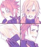  4boys angeal_hewley angry armor blush coat crisis_core_final_fantasy_vii d8j0j ear_blush embarrassed facial_hair facing_to_the_side final_fantasy final_fantasy_vii finger_to_cheek from_side furrowed_brow genesis_rhapsodos gloves hand_up high_collar highres laughing light_frown limited_palette long_bangs long_hair looking_at_viewer male_focus multiple_boys nose_blush open_mouth parted_bangs parted_lips pauldrons sephiroth short_hair shoulder_armor spiked_hair sweatdrop turtleneck upper_body white_background zack_fair 