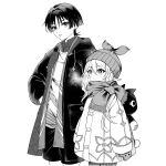  1boy 1girl alternate_costume backpack bag caramelo_game commentary_request contemporary genshin_impact greyscale hand_in_pocket hat height_difference highres jacket long_hair monochrome nahida_(genshin_impact) open_clothes open_jacket pointy_ears scaramouche_(cat)_(genshin_impact) scaramouche_(genshin_impact) scarf short_hair simple_background winter_clothes 