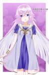  1girl alternate_costume blue_eyes border casual character_name collarbone copyright_name grimms_notes highres koumori1022 magic_mirror_(grimms_notes) open_mouth purple_background purple_hair ribbon see-through short_sleeves smile solo white_border white_ribbon 