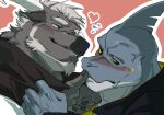  2boys anger_vein animal_ears bara beard black_sclera colored_sclera couple cow_ears cow_horns eye_contact facial_hair finger_to_another&#039;s_mouth flying_sweatdrops from_side full_beard furry furry_male furry_with_furry heart highres horns looking_at_another male_focus mature_male minotaur multiple_boys original pink_background profile sanpaku seductive_smile shark_boy short_hair smile thick_beard thick_eyebrows tsundere tsurime veiny_face whowoe yaoi 