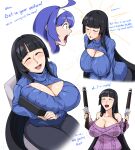  1girl ahoge black_hair blue_eyes blue_hair blue_sweater blunt_bangs blush breasts camerata cleavage closed_eyes english_text gun hairband highres hime_cut holding holding_gun holding_weapon kaguya_(under_night_in-birth) large_breasts long_hair meme_attire multiple_girls open_mouth orie_bellardiae pink_sweater simple_background smile sweater turtleneck turtleneck_sweater under_night_in-birth under_night_in-birth_2_sys:celes upper_body very_long_hair virgin_killer_sweater weapon 