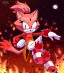  1girl absurdres animal_ears blaze_the_cat burning_blaze cat_ears cat_girl cat_tail embers fire forehead_jewel furry furry_female gloves highres jacket lemon_eyebrows looking_at_viewer pink_footwear pink_fur ponytail red_jacket sonic_(series) tail white_gloves yellow_eyes 