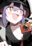  +_+ 1girl black_jacket blue_archive blurry blush breasts camera chiaki_(blue_archive) cleavage collarbone depth_of_field hair_between_eyes highres hitotose_rin holding holding_camera jacket necktie open_clothes open_mouth purple_hair red_necktie smile solo upper_body 