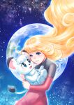  1girl :3 :d animal animal_hug blonde_hair blue_eyes bodysuit creator_connection crossover earth_(planet) floating_hair hi_no_tori highres jungle_taitei leo_(jungle_taitei) lion lion_cub long_hair looking_at_another planet sky smile soujirou space star_(sky) starry_sky tamami_(hi_no_tori) two-tone_bodysuit upper_body very_long_hair 