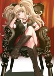  1girl absurdres black_choker black_footwear black_shirt blonde_hair boots breasts chair choker closed_mouth cross-laced_footwear crossed_legs curtains danganronpa:_trigger_happy_havoc danganronpa_(series) enoshima_junko grey_eyes hair_ornament hand_on_own_face head_tilt highres lace-up_boots large_breasts leaning_to_the_side long_hair miniskirt necktie nes_0 pleated_skirt red_skirt ribbon shirt sitting skirt solo thighs twintails white_necktie 