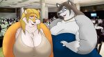 2014 anthro big_breasts blonde_hair blue_eyes breasts brown_eyes brown_hair canid canine canis clothed clothing digital_media_(artwork) dress female fox fur grey_body grey_fur hair hand_on_shoulder huge_breasts jewelry mammal michelle_(xxsparcoxx) multicolored_body necklace obese obese_anthro obese_female one_eye_closed open_mouth orange_body orange_fur overweight overweight_anthro overweight_female solo sophia_(xxsparcoxx) two_tone_body white_body white_fur wolf xxsparcoxx