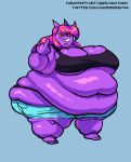 anthro belly big_belly big_breasts blue_background bottomwear breasts cleavage clothed clothing female full-length_portrait fupa generation_1_pokemon gengar gesture grin hair hi_res huge_breasts long_hair mammal middle_finger midriff morbidly_obese morbidly_obese_anthro morbidly_obese_female navel nintendo noctoon obese obese_anthro obese_female overweight overweight_anthro overweight_female pink_hair pokemon pokemon_(species) portrait purple_body red_eyes shadie_(noctoon) shirt shorts simple_background smile solo tank_top text topwear url