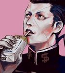  black_eyes black_hair dollar_sign drinking_straw facial_mark gakuran jojo_no_kimyou_na_bouken juice_box male_focus meron_nouka nijimura_okuyasu pale_skin pompadour portrait school_uniform solo yen_sign 