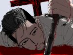  1boy black_eyes black_hair blood blood_on_face blood_on_hands blood_on_weapon cross dagger facial_hair flat_color goatee golden_kamuy hair_slicked_back highres holding holding_dagger holding_knife holding_weapon impaled jo_(kzzsnsk_9) knife looking_at_viewer lying male_focus no_pupils ogata_hyakunosuke on_stomach planted planted_sword pool_of_blood shirt simple_background solo sword undercut weapon white_background white_shirt 