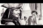  barrel crossover facial_hair gun hairlocs hat jack_sparrow johnny_depp male_focus monkey_d_luffy monochrome multiple_boys mustache one_piece open_clothes open_mouth open_vest pirate_hat pirates_of_the_caribbean ring scar ship straw_hat vest 