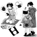  1boy 1girl alternate_costume apron caramelo_game closed_eyes commentary_request contemporary genshin_impact greyscale hand_in_pocket hat height_difference highres jacket long_hair monochrome nahida_(genshin_impact) paper_cutout scaramouche_(cat)_(genshin_impact) scaramouche_(genshin_impact) scarf scissors seiza short_hair simple_background sitting thought_bubble winter_clothes 
