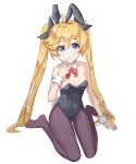  1girl absurdres animal_ears black_leotard blonde_hair blue_eyes bow bowtie breasts clear_(djmax) detached_collar djmax djmax_respect fake_animal_ears full_body hair_ornament hand_to_own_mouth highres index_finger_raised leotard no_shoes pantyhose playboy_bunny rabbit_ears red_bow red_bowtie small_breasts solo soojoo_h strapless strapless_leotard transparent_background twintails wrist_cuffs 