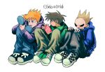  3boys adjusting_hair black_eyes blue_hoodie brown_hair brown_pants can cola commentary_request copyright_name denim denpa_shougai drink_can edd_(eddsworld) eddsworld frown full_body furrowed_brow green_hoodie hand_in_own_hair hand_mirror hand_on_knees hand_up highres holding holding_can holding_mirror hood hood_down hoodie jeans knees_up lineup long_sleeves looking_at_another looking_at_mirror looking_to_the_side male_focus matt_(eddsworld) mirror multiple_boys no_eyebrows open_mouth orange_hair pants purple_hoodie shoes short_hair simple_background sitting sneakers soda_can solid_eyes spiked_hair tom_(eddsworld) 