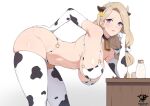  1girl animal_ears animal_print bell bent_over bikini blush breasts cow_ears cow_girl cow_horns cow_print cow_print_bikini cowbell fire_emblem fire_emblem:_three_houses hanging_breasts highres horns kaos_art large_breasts long_hair looking_at_viewer mercedes_von_martritz milk o-ring o-ring_bikini o-ring_bottom o-ring_top open_mouth print_bikini solo string_bikini swimsuit thick_thighs thighhighs thighs 