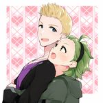  blonde_hair blue_eyes blush green_eyes green_hair hair_slicked_back hairband heart heart_background hood hoodie hug hug_from_behind idolmaster idolmaster_side-m ijuuin_hokuto jewelry looking_at_another male_focus mitarai_shouta multiple_boys necklace open_mouth patterned_background saito_katuo smile upper_body 