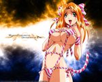  blonde_hair blue_eyes bow breast_suppress breasts cat_tail divergence_eve hair_bow large_breasts long_hair orange_hair ribbon slingshot_swimsuit solo striped striped_swimsuit suzanna_bluestein swimsuit tail third-party_edit wallpaper yamashita_toshinari 
